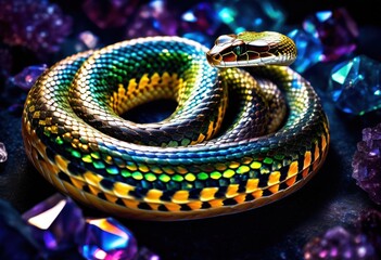 Obraz premium serpentine snake coiled shimmering cluster crystals, reptile, wrapped, twisted, glistening, gemstones, reptilian, entwined, shiny, minerals, coiling, sparkling