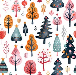 A cheerful and festive pattern of stylized trees in various shapes and colors, adorned with holiday decorations, set against a white background