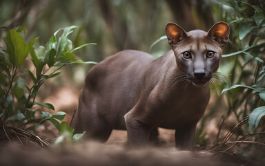 A fossa prowling through the dense undergrowth of Madagascar, its feline-like movements silent and swift