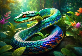 Fototapeta premium enchanted meadow serpent gliding, wildlife, reptile, snake, creature, reptilian, grass, landscape, scenery, garden, forest, rural, countryside, plant