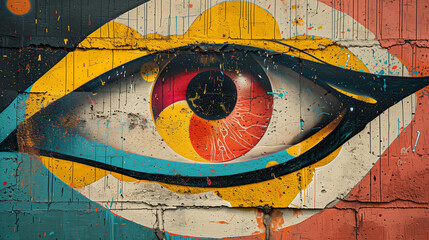 detailed view of graffiti art featuring an abstract eye with vibrant colors and geometric designs