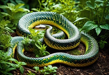 Fototapeta premium sinuous snake slithering through lush fragrant herb garden, navigating, dense, aromatic, patch, reptile, crawling, green, leaves, wildlife, nature, serpent