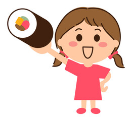 巻き寿司を持って上げる女子