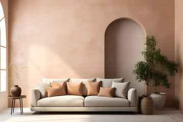 Loft home interior design features a modern living room with a beige sofa and terra cotta pillows, surrounded by an arched window and a stucco wall.