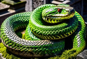 Fototapeta premium twisting snake wrapped old statue coiled position, serpent, idol, reptile, sculpture, serpentine, figure, curled, relic, vintage, deity, entwined, landmark