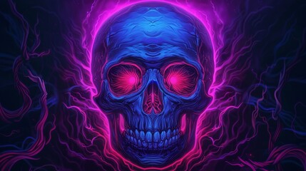 Dark skull with intricate bone designs, neon lights, detailed illustration, dark fantasy style