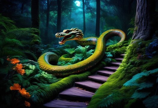 enchanted woodlands serpent journey, snake, forest, magical, mystical, wildlife, nature, reptile, exploring, adventure, fantasy, creature, foliage, lush