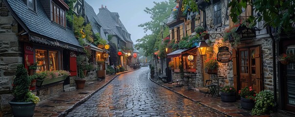 Fototapeta premium A quaint cobblestone street lined with charming shops, cafes, and old-fashioned buildings.