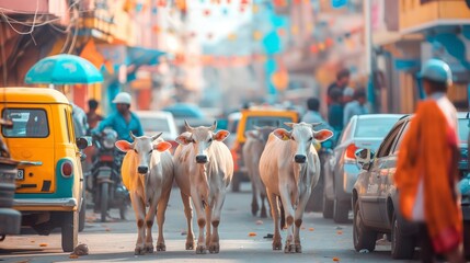Cows walking down a bustling street in India, vibrant city life backdrop.
