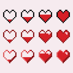 Fototapeta premium Vector isolated pixel game heart life bar icon symbol set. Gaming controller 8 bit style health bar art. For game development, mobile app,scrapbooking, graphic, social media