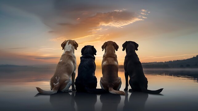 Silhouette of dogs sitting by a lake during World Dog Day, photorealistic detail, sunset reflection in water, wide-angle shot, peaceful ambiance, warm lighting - Powered by Adobe