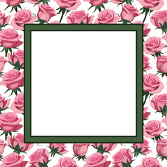 card with a square green frame on a background of pink roses