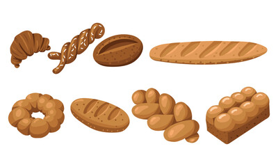 Set colored bakery products, a natural illustration. Natural color scheme. loaf, basket, bagel, baguette. Delicious pastries from different types of products. Suitable for baking in cafes, bakeries.