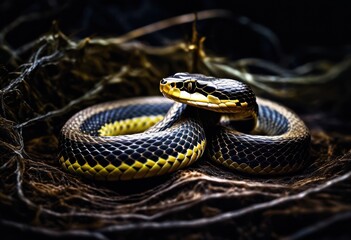 Obraz premium sinuous snake entwined gossamer cobwebs, slither, intertwined, delicate, arachnid, threads, serpentine, weaving, ethereal, silky, spiders, twisted, strands