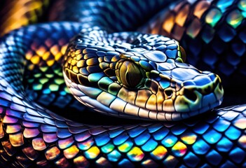 Fototapeta premium twilight shimmering snake scales dusk light, serpent, reptile, slithering, patterned, glowing, iridescent, gleaming, gleam, glimmer, glint, flicker, nightfall