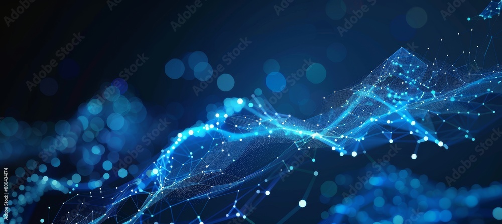 Poster three-dimensional rendering of futuristic abstract mesh. wave with lines and dots connected.
