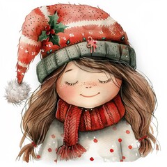 An adorable illustration of a girl wearing a Santa hat and red scarf, with a serene expression and festive winter decorations