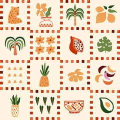 Checkered summer seamless pattern with tropical leaves, palm tree, leopard, fruits. Exotic jungle elements in square shapes. Retro chess print, vector repeat background, fabric, textile, wallpaper