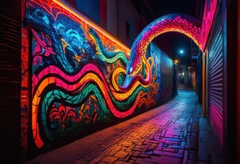glowing serpent vibrant urban lane night, snake, reptile, alley, neon, colorful, illuminated, city, dark, streets, animal, predator, wildlife, exotic