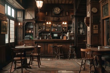 Old bar scene. Traditional or British style bar or pub interior, with wooden paneling