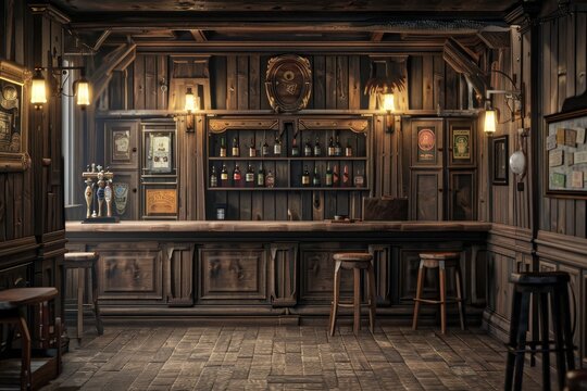 Old bar scene. Traditional or British style bar or pub interior, with wooden paneling