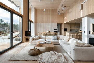 Fototapeta premium Scandinavian interior design of modern spacious living room