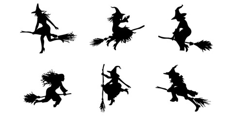 Set of witches riding broomsticks flying in the form of black silhouettes on a white background.