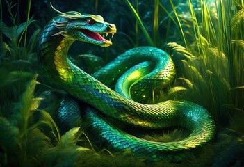 Fototapeta premium enchanted forest serpent slithering through tall grass, snake, gliding, wildlife, nature, mystical, magical, reptile, foliage, green, wilderness, long