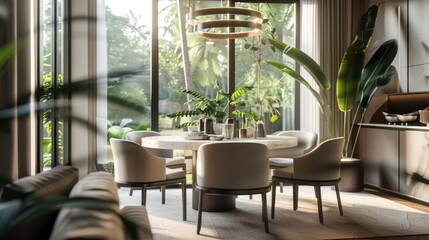 A chic dining room with a round table, upholstered chairs, a modern chandelier, and a large window that lets in plenty of natural light.