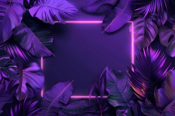 An elegant fluorescent color layout of tropical leaves with a neon light square. This is a concept design based on nature.