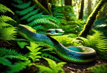 Fototapeta premium sinuous snake slithering among ancient fern grove, reptile, serpentine, crawling, reptilian, serpent, meandering, twisty, twisting, curving, curvy, winding