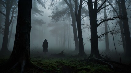 Thick Fog Forming a Ghostly Silhouette in a Dense Forest with Dim Light