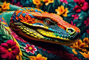 Obraz premium camouflaged snake amid wildflowers field, hidden, nature, floral, grass, reptile, conceal, meadow, wildlife, serpent, bloom, arrangement, slither, blossom,