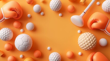 Fototapeta premium Various sports balls and equipment on a vibrant orange background with copy space