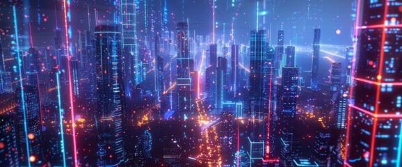 Obraz premium An abstract dot point connected to a gradient line and a beautiful intricate wave line design. A big data technology connection concept connected to an abstract city.