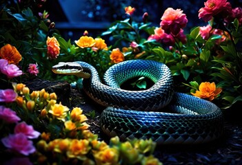 Fototapeta premium moonlit garden enchanting snake slithering among night blooms, serpent, reptile, illuminated, mystical, foliage, mysterious, moonlight, flora, gardenia