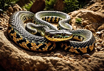 camouflaged serpent merging stone formation, hidden, disguised, snake, reptile, blending, rock, boulder, arrangement, structure, pattern, merge, combine, conceal