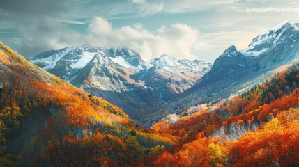 A panoramic banner showcasing a high-altitude view of a mountain range draped in autumn colors, vibrant oranges and reds stand out, with copy space along the bottom. 