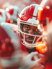American football players in huddle, in a game, teamwork focus.