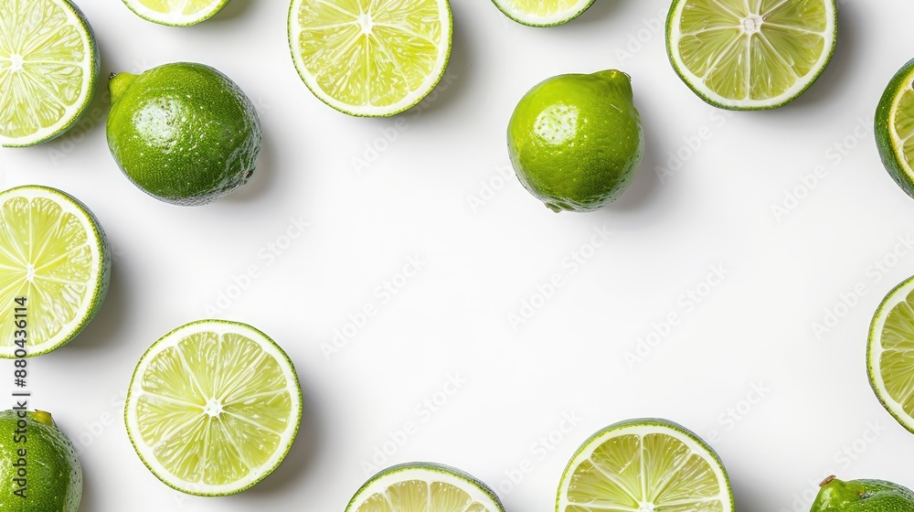 Sticker Isolated green lime slices with white background for text Texture and space provided