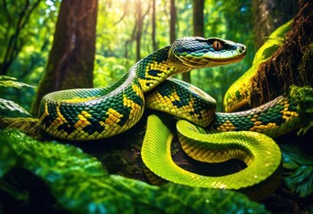 Fototapeta premium majestic serpent slithering enchanted forest canopy, snake, gliding, nature, wildlife, reptile, scales, lush, green, foliage, mystical, magical, creature