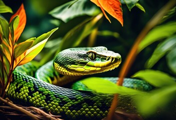 Fototapeta premium serpentine reptile slithering through lush thicket, snake, creature, lizard, animal, python, snakeskin, scales, reptilian, woodland, forest, woods