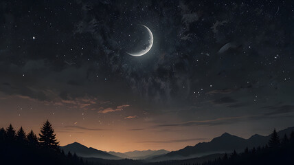 Mountains Below a Starry Sky on a Moonlit Horizon
