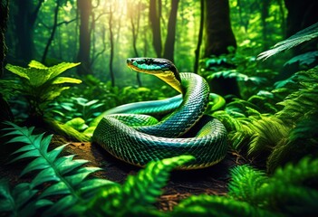 Fototapeta premium majestic snake slithering through enchanted forest glade, wildlife, reptile, nature, green, scales, foliage, trees, leaves, sunlight, shadows, habitat