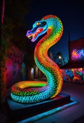 Obraz premium glowing serpent vibrant urban lane night, snake, reptile, alley, neon, colorful, illuminated, city, dark, streets, animal, predator, wildlife, exotic