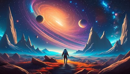 Cosmic Wanderer's Dream: Mesmerizing Alien Landscape Beckons Space Explorer in Vivid Interstellar Fantasy Artwork With Generative AI