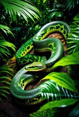 Fototapeta premium serpent concealed thick foliage canopy, hidden, dense, greenery, treetop, jungle, camouflage, lush, vegetation, reptile, secret, cover, leaves, forest, snake