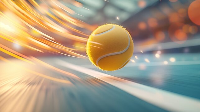 Fast tennis ball with dynamic light trails flying over the court. Abstract blurred sports background.