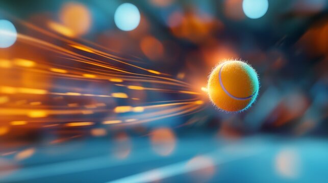 Fast tennis ball with dynamic light trails flying over the court. Abstract blurred sports background.