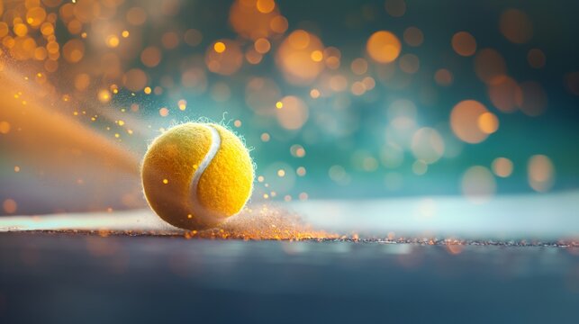 Fast tennis ball with dynamic light trails flying over the court. Abstract blurred sports background.
